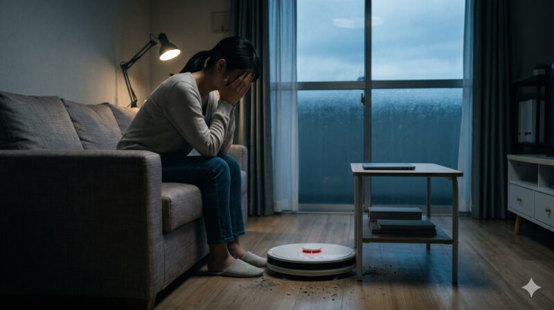 一人暮らしの部屋で稼働するルンバと、後悔しないためのデメリットや2026年おすすめモデルを紹介するイメージ画像。