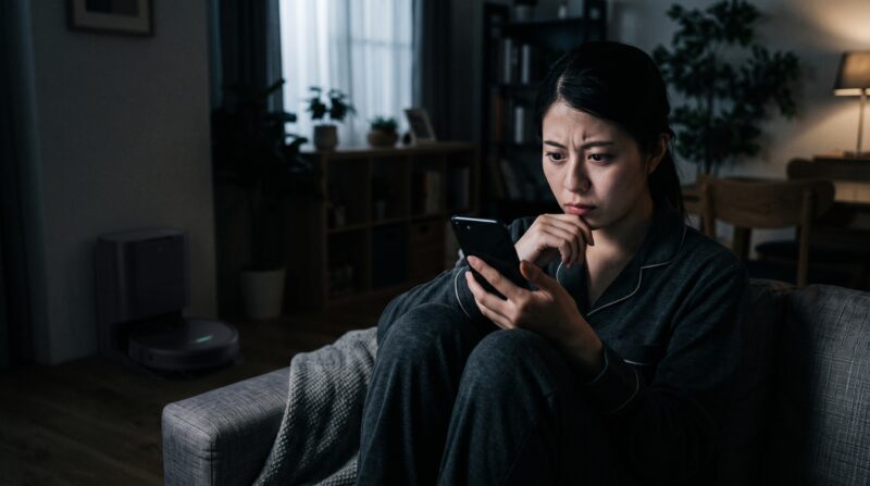 国産ロボット掃除機はなぜ少ない？と悩みながら、スマホで評判を調べて不安になる女性
