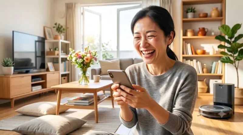 明るいリビングルームでスマホを見ながら大笑いする日本人女性。ロボット掃除機と観葉植物があるインテリア