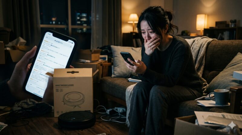 ロボット掃除機の口コミや評判をスマートフォンで調べて後悔し絶望している女性の写真