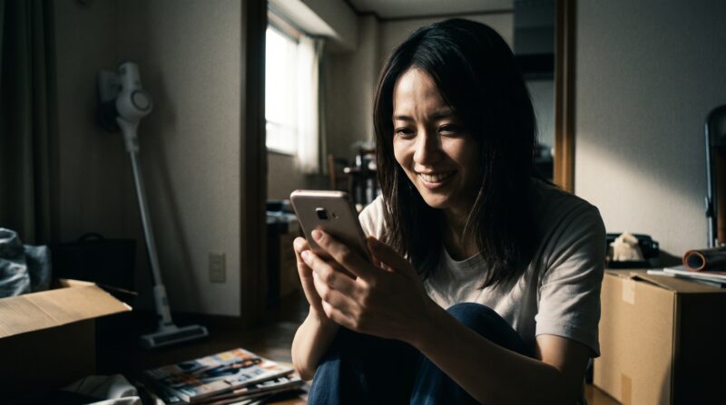 散らかったアパートの部屋で、スマートフォンを見ながら明るく笑顔を見せる、白いTシャツを着た日本人女性と壁に立てかけられたコードレス掃除機。