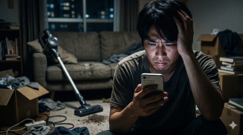 コードレス掃除機の口コミ・評判をスマホで見て、散らかった部屋で絶望し頭を抱える男性。