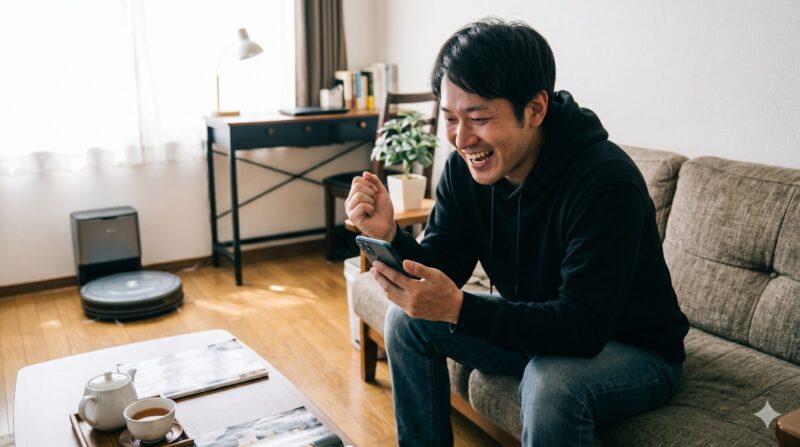 明るく片付いた部屋でスマホを使ってロボット掃除機の口コミや評判を調べ、満面の笑みで喜んでいる男性の写真。