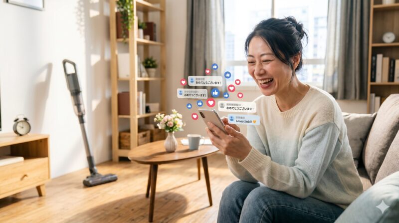 スマホのSNSお祝いコメント（「おめでとうございます！」など）やいいねを見て、リビングで笑顔で喜ぶ女性。