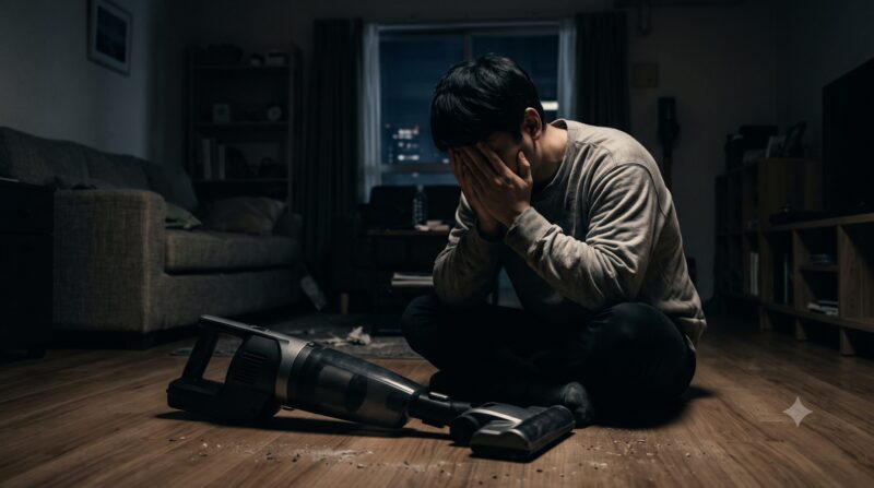 コードレス掃除機のデメリットに悩み、暗い部屋で床に座り込んで後悔している男性のイメージ。