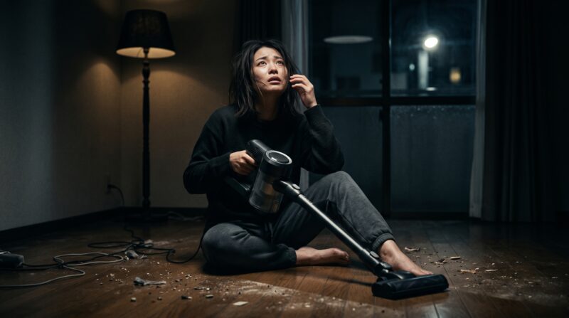 悪い口コミから分かった掃除機（IW4271J）のデメリットに後悔し絶望する女性の様子。