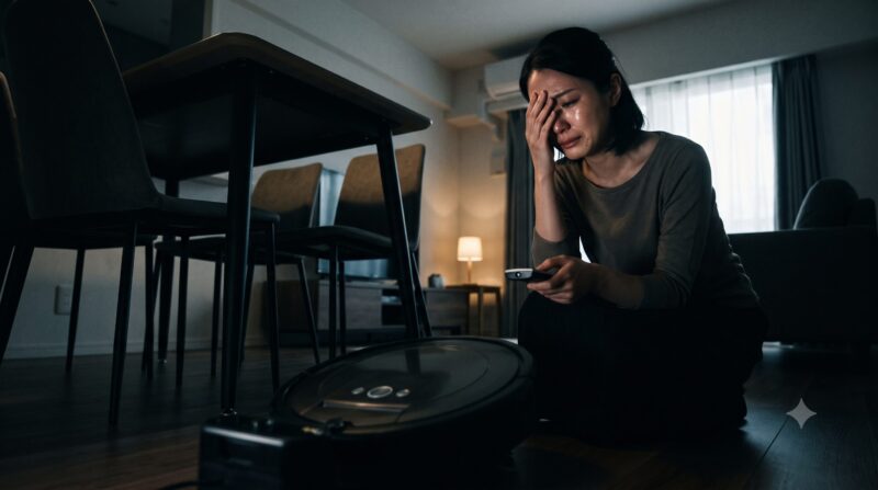 ロボット掃除機を前に床に座り込み、後悔と絶望で顔を覆い泣く日本人女性。