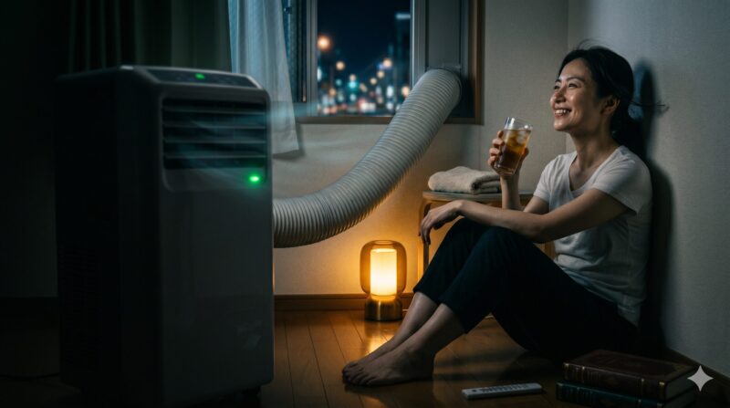 スポットクーラーで涼しい夜の部屋。笑顔で飲み物を楽しむ女性のリラックスタイム。