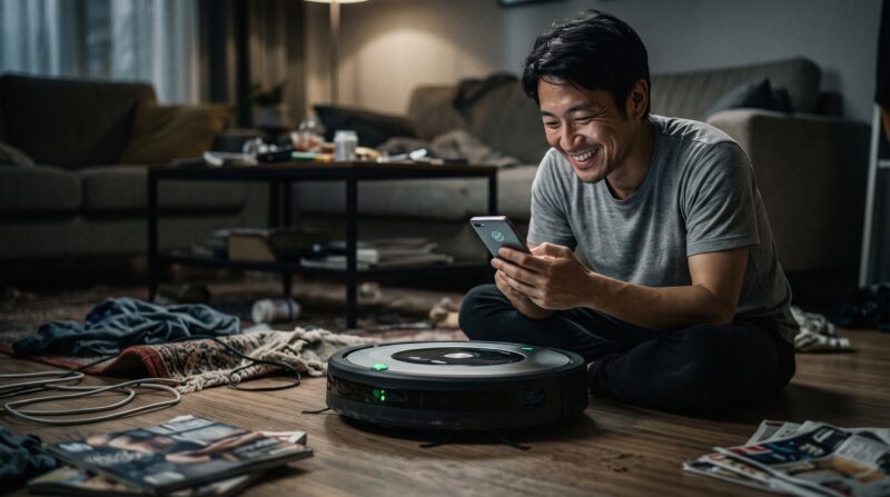 散らかった部屋でも笑顔でスマートフォンを操作する男性と、その傍らにあるロボット掃除機。