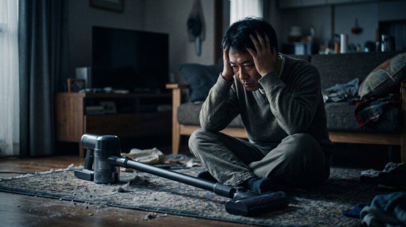 一般的なデザインのコードレス掃除機の性能に絶望する日本人男性（CL106FDSHWの悪い口コミをイメージ）