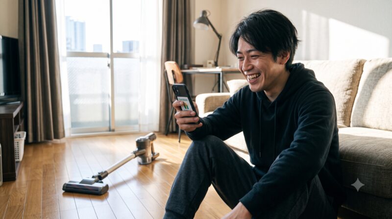 明るいリビングの床に座り、スマートフォンを見て満面の笑みを浮かべる男性。背景にはコードレス掃除機。