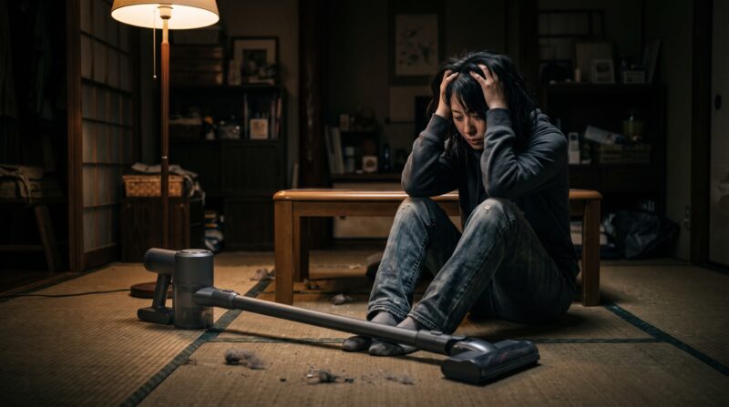 薄暗い和室でコードレス掃除機を前に座り込みデメリットや購入を後悔して頭を抱える女性