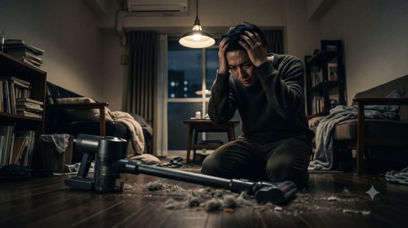 床に散らばったゴミとコードレス掃除機を前に、デメリットに直面して頭を抱え込む男性。