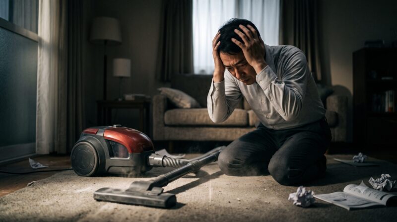 キャニスター掃除機の前で頭を抱えて悩む男性（日立「かるパック CV-KP90P」の悪い口コミやデメリットを表現したイメージ画像）