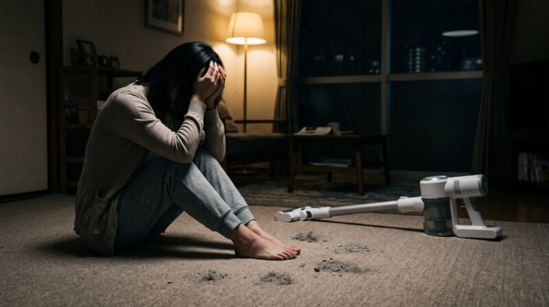 掃除機をかけた後、薄暗い部屋で頭を抱えて絶望している日本人女性の姿。映画のような質感の写真。