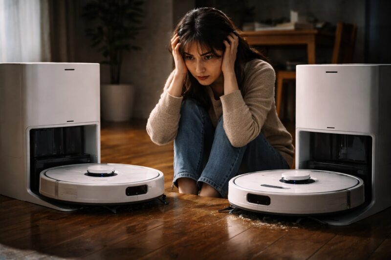 エコバックスDEEBOT T50S OMNIとT80S OMNIの違いで悩み後悔しそうな女性が2台のロボット掃除機を比較しているイメージ