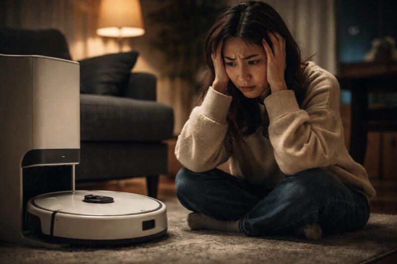 エコバックス DEEBOT N20 PRO PLUSのロボット掃除機の前で後悔して悩んでいる女性のイメージ写真（購入レビュー・デメリット検討イメージ）