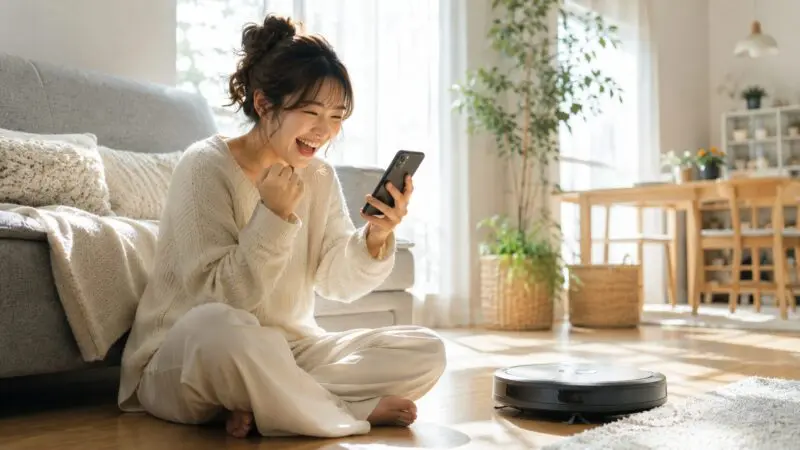 ロボット掃除機の口コミ・評判をスマホで確認して満面の笑顔を見せる女性と、明るく清潔なリビングで稼働するロボット掃除機を描いたポジティブなイメージ画像。