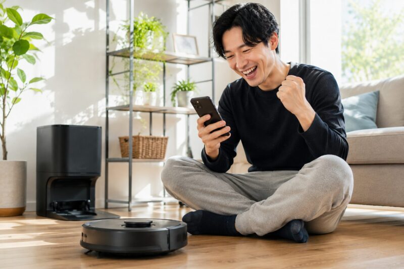 Q7B+の口コミ・評判をスマホで確認して満面の笑顔を見せる男性と、明るく清潔なリビングで稼働する一般的なデザインのロボット掃除機を描いた、購入満足度の高さや快適な掃除体験を表現する爽やかな生活シーン写真
