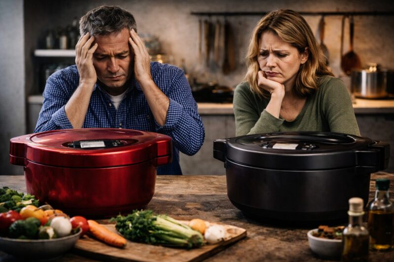 ホットクックとオートクッカービストロで、どっちを選ぶか迷っている夫婦の様子