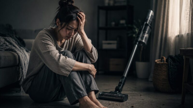 コードレス掃除機のデメリットに悩み、掃除が思うように進まず落ち込む女性のイメージ、LC751Jの悪い口コミや欠点を表現したシーン