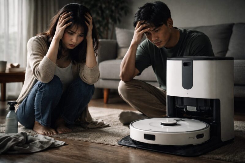 ルンバ105 Combo+のロボット掃除機を前に後悔して頭を抱える夫婦