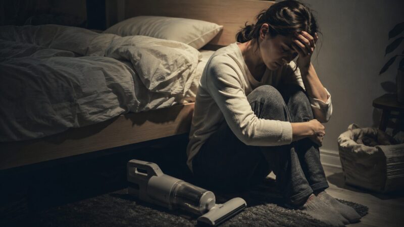 布団クリーナーの悪い口コミに悩み、ベッド脇で落ち込む女性と汎用デザインの布団クリーナーを描いた、デメリットや購入後の後悔をイメージしたシリアスな写真