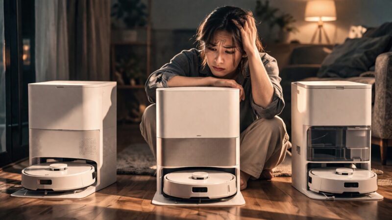 DREAME D20 Ultra/Pro/Pro Plusの違いに悩み、ロボット掃除機の前で後悔している女性