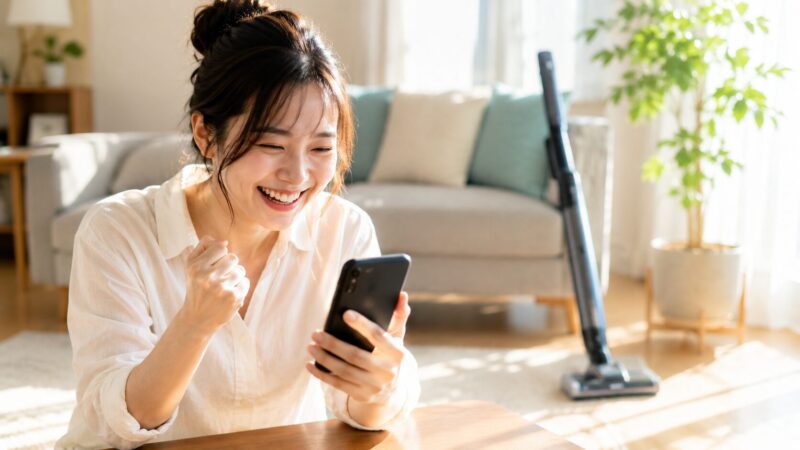 EVOPOWER SYSTEM iQ+(CS850J/CS851J)の口コミや評判をスマホで確認して満面の笑顔を見せる女性と、背景に置かれたロゴのないコードレス掃除機がある明るいリビングのイメージ
