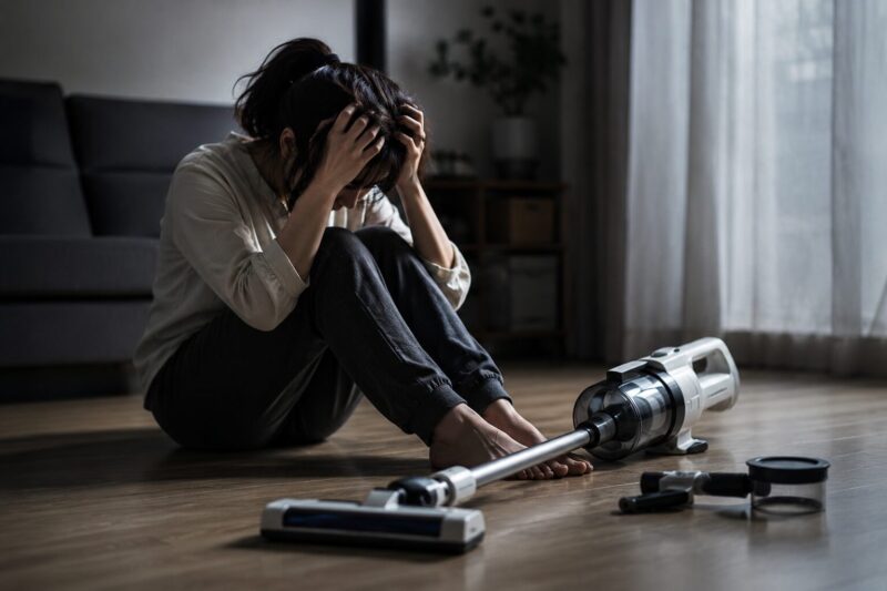 コードレス掃除機の使い勝手に不満を感じ、床に座り込んで悩む女性と掃除機本体を描いた、VC-CL21Z-Wのデメリットをイメージした写真。