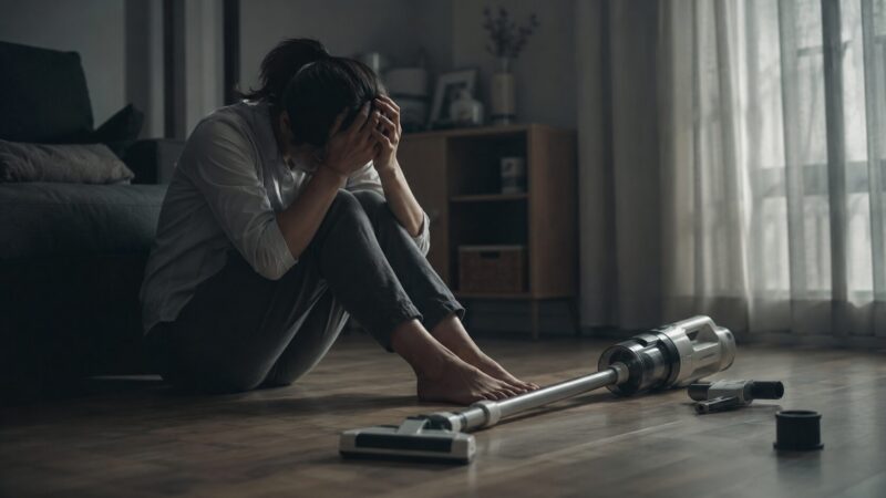 コードレス掃除機の故障や使い勝手の悪さに後悔し、床に座り込んで悩む女性を描いた、東芝トルネオ VC-CL21Z-Wのデメリットや口コミレビューをイメージした写真。
