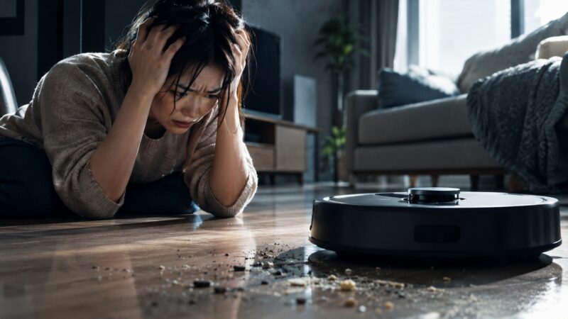 Xiaomi「ロボット掃除機 5」の購入を後悔して困惑する女性と、散らかった床にあるロボット掃除機を描いたドラマチックなシリアス写真風イメージ。