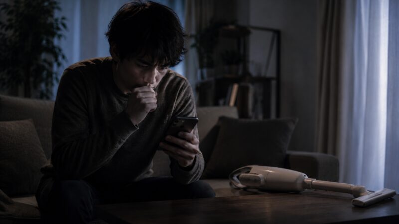 マキタ CL070Dの口コミや評判をスマホで調べて不安になる男性とコードレス掃除機