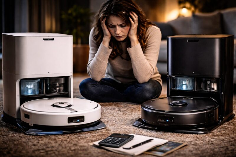 【2026ガチ比較】最新型ロボット掃除機を前に失敗を恐れて悩む女性が2台を真剣に比較しているシーン