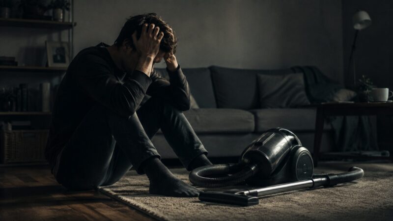 キャニスター掃除機の前で頭を抱えて後悔する男性、日立 パワかるサイクロン CV-SP900Pのデメリットや口コミを検討するイメージのドラマチックな室内シーン