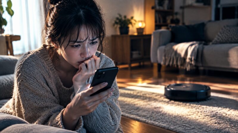 ロボット掃除機 5の口コミや評判をスマホで調べながら不安そうに悩む女性と、リビングに置かれたロボット掃除機 5のイメージ