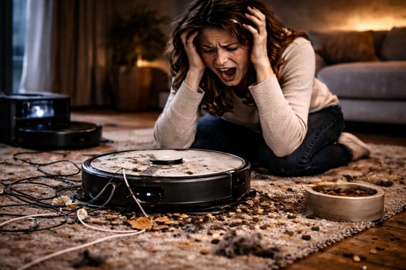 部屋の真ん中でルンバを前に頭を抱え、悪い口コミや欠点を思い知らされて絶望している女性。