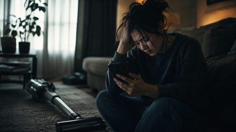 レイコップ PRO2(RS3-300JP)の口コミや評判をスマホで調べながら後悔して落ち込む女性と、リビングに置かれた一般的なデザインの掃除機を描いたシリアスなイメージ写真