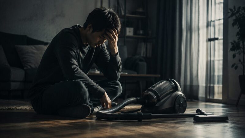 キャニスター掃除機の前で頭を抱えて後悔する男性、日立 パワかるサイクロン CV-SP900Pの悪い口コミやデメリットを検討しているイメージのドラマチックな室内シーン