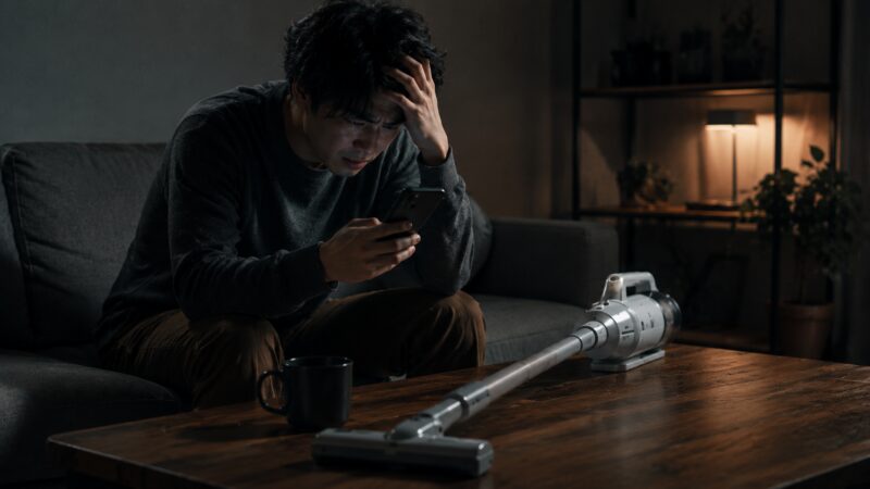 スマホでコードレス掃除機の口コミや評判を調べて悩む男性とテーブル上の掃除機