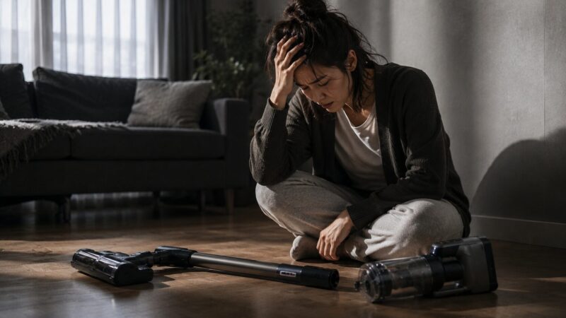 コードレス掃除機のデメリットに悩み、故障や使い勝手の悪さを前に後悔する女性と一般的なデザインのコードレス掃除機を描いた、LC602J（LC602JGY）の悪い口コミ・デメリット解説記事向けイメージ