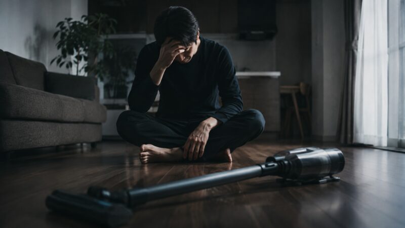 マキタコードレス掃除機を前に悩む男性が後悔している様子