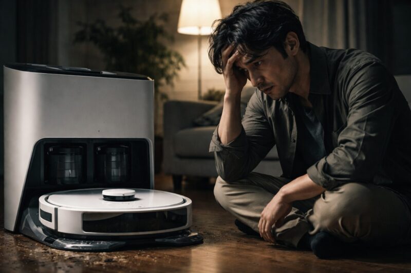 DREAME L20 Ultra Completeのロボット掃除機を前に後悔して悩んでいる男性