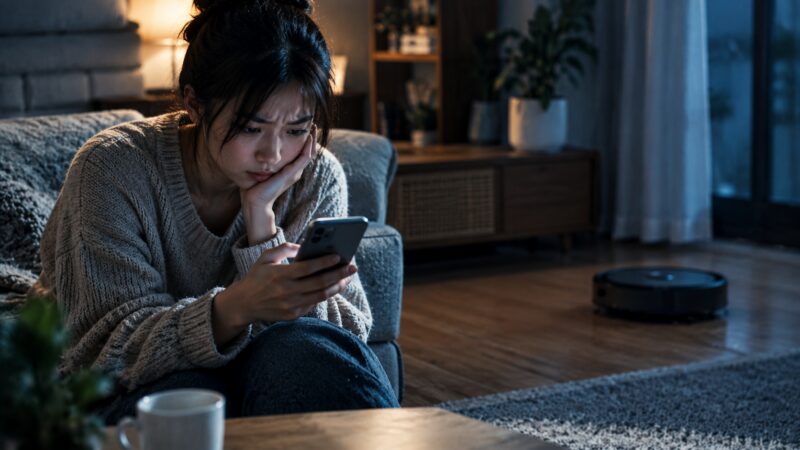 ルンバ i2の口コミ・評判をスマホで調べて不安や悩みを感じている女性とロボット掃除機のシリアスな室内シーン