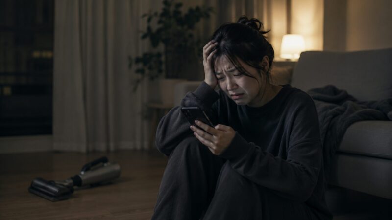 MC-SB33Jの口コミや評判をスマホで調べて後悔や不安を感じる女性と、背景に置かれたコードレス掃除機を描いたイメージ