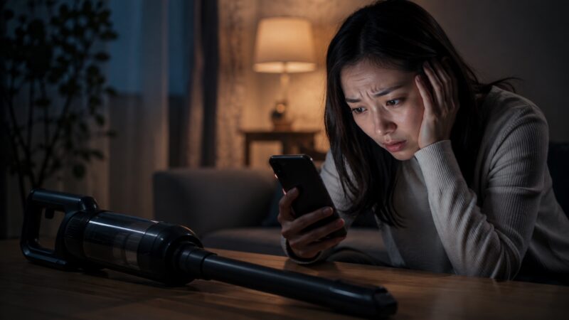 コードレス掃除機の口コミや評判をスマホで調べて不安そうに悩む女性のイメージ