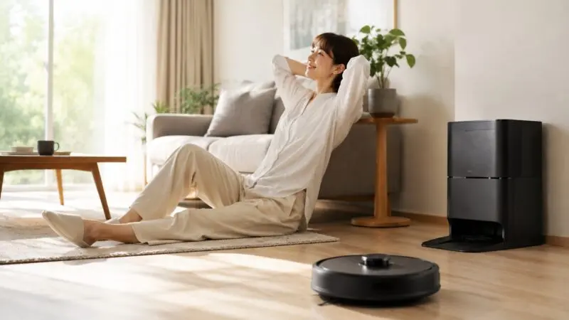 DEEBOT T80 OMNIで快適に掃除を自動化し、ロボット掃除機の高い清掃性能と利便性に満足して笑顔を見せる利用者のイメージ写真