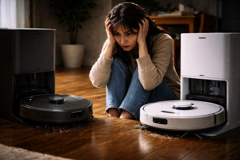 ルンバとロボロックのどっちを買うべきか悩み後悔しそうな女性が2台のロボット掃除機を比較しているイメージ