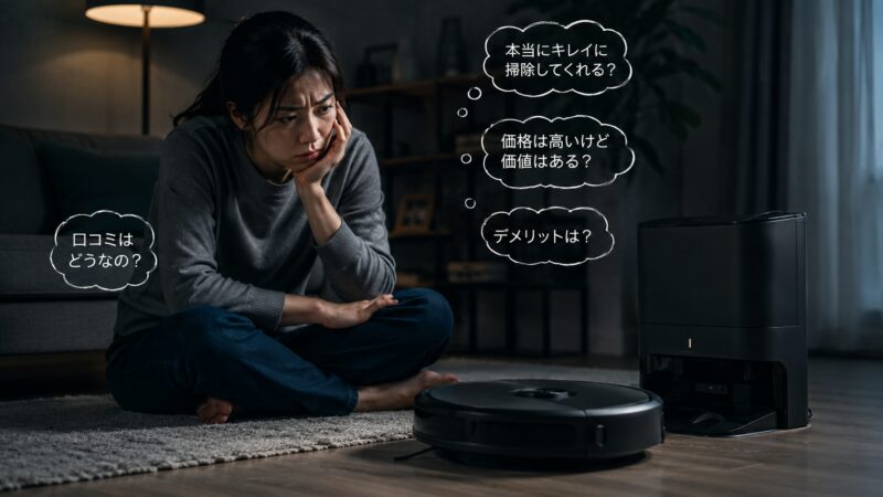ルンバ Max 775 Comboの購入を検討しながら、価格やデメリット、口コミを気にして悩む女性とロボット掃除機をイメージしたレビュー記事用画像
