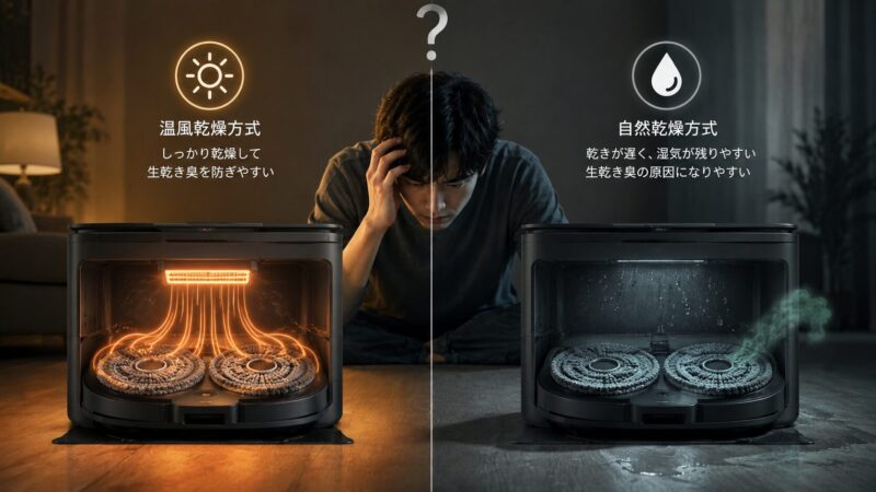 モップの温風乾燥方式と自然乾燥方式を比較し、生乾き臭対策の違いに悩む人物とロボット掃除機を描いたシリアスな比較イメージ画像
